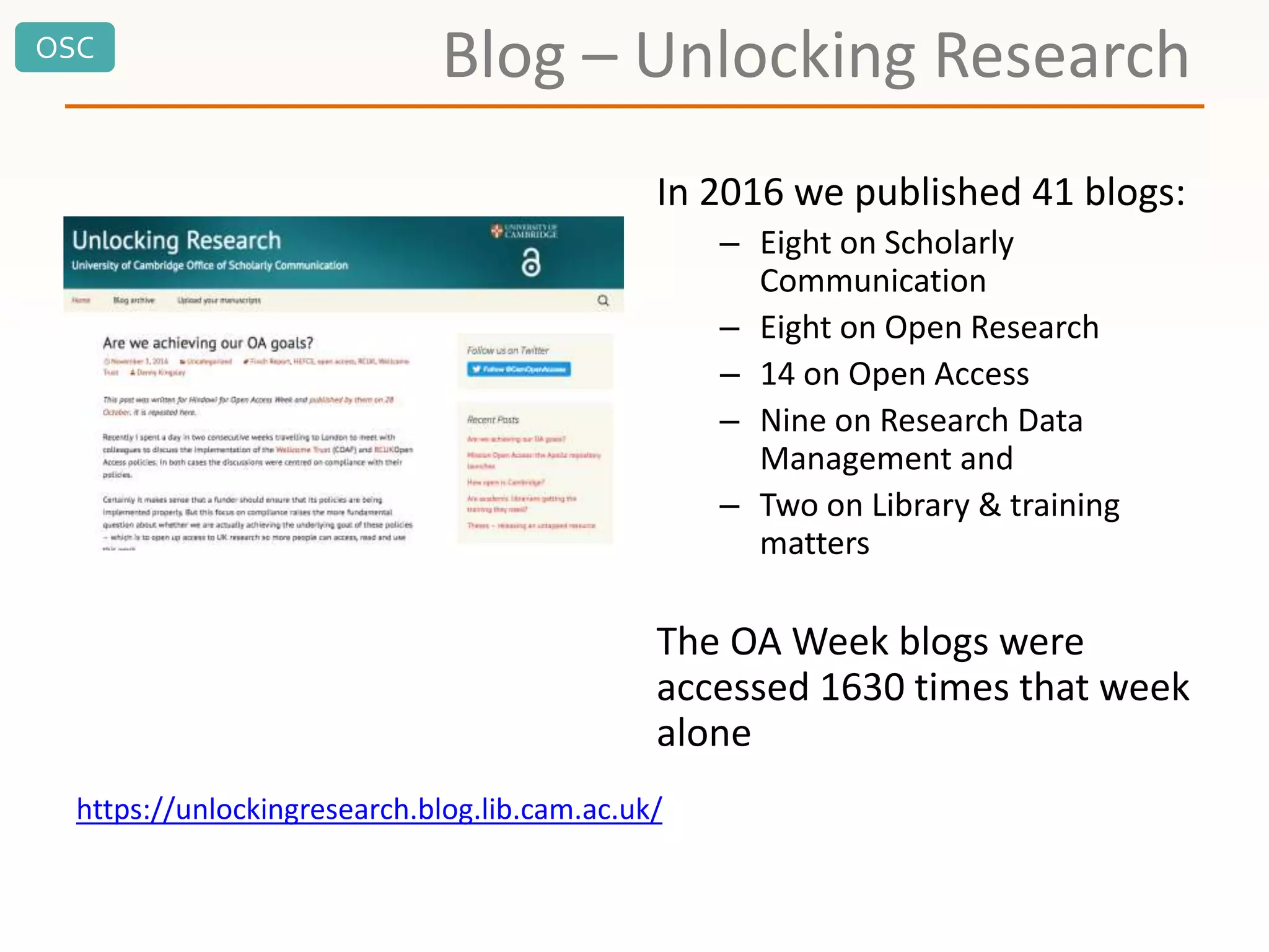 OSC
In 2016 we published 41 blogs:
– Eight on Scholarly
Communication
– Eight on Open Research
– 14 on Open Access
– Nine on Research Data
Management and
– Two on Library & training
matters
The OA Week blogs were
accessed 1630 times that week
alone
Blog – Unlocking Research
https://unlockingresearch.blog.lib.cam.ac.uk/
 