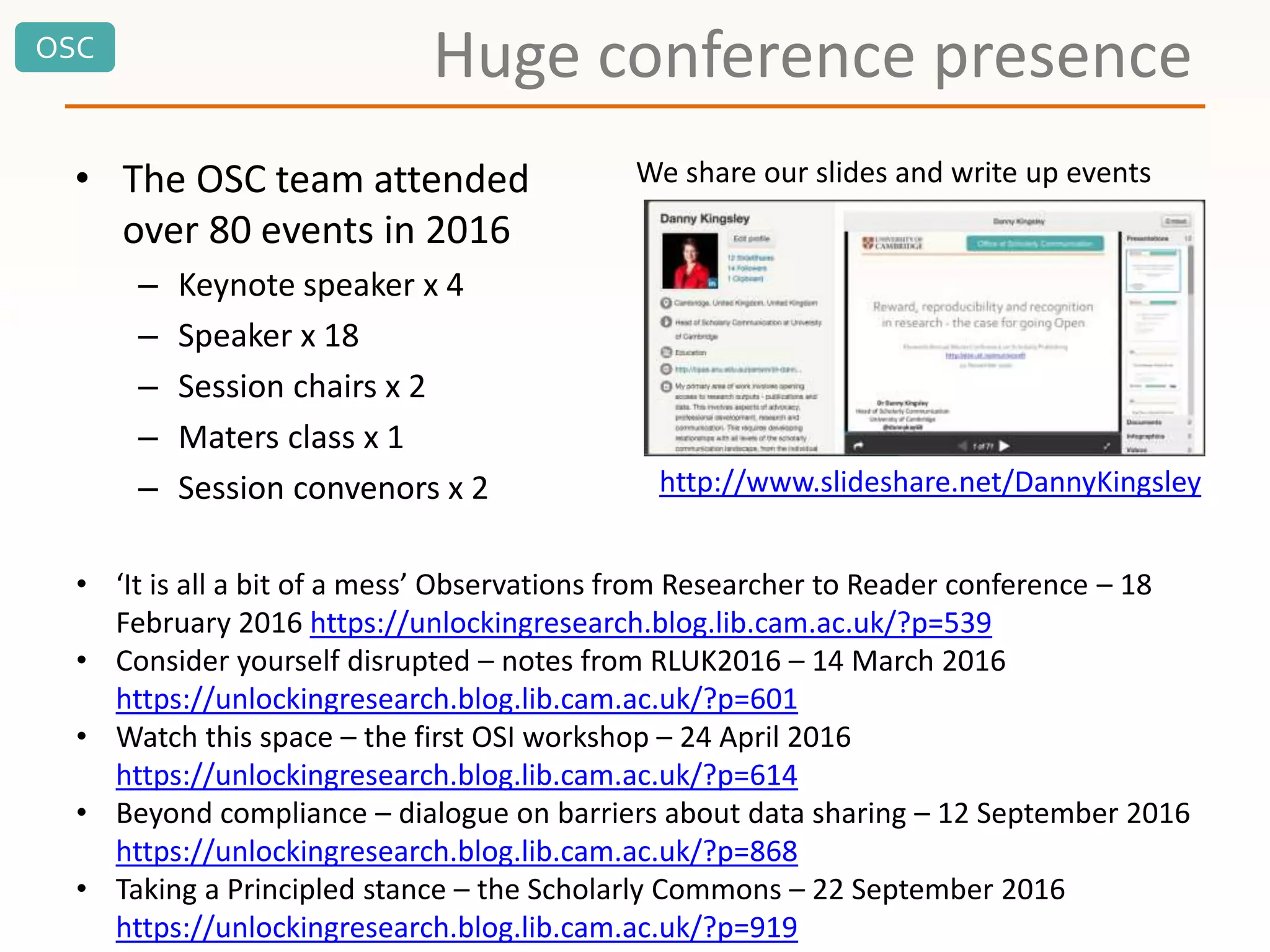 OSC
• The OSC team attended
over 80 events in 2016
– Keynote speaker x 4
– Speaker x 18
– Session chairs x 2
– Maters class x 1
– Session convenors x 2
Huge conference presence
http://www.slideshare.net/DannyKingsley
• ‘It is all a bit of a mess’ Observations from Researcher to Reader conference – 18
February 2016 https://unlockingresearch.blog.lib.cam.ac.uk/?p=539
• Consider yourself disrupted – notes from RLUK2016 – 14 March 2016
https://unlockingresearch.blog.lib.cam.ac.uk/?p=601
• Watch this space – the first OSI workshop – 24 April 2016
https://unlockingresearch.blog.lib.cam.ac.uk/?p=614
• Beyond compliance – dialogue on barriers about data sharing – 12 September 2016
https://unlockingresearch.blog.lib.cam.ac.uk/?p=868
• Taking a Principled stance – the Scholarly Commons – 22 September 2016
https://unlockingresearch.blog.lib.cam.ac.uk/?p=919
We share our slides and write up events
 