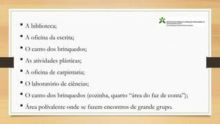  A biblioteca;
 A oficina da escrita;
 O canto dos brinquedos;
 As atividades plásticas;
 A oficina de carpintaria;
 O laboratório de ciências;
 O canto dos brinquedos (cozinha, quarto “área do faz de conta”);
 Área polivalente onde se fazem encontros de grande grupo.
 
