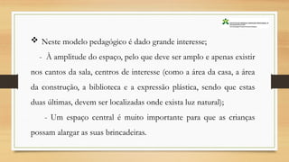  Neste modelo pedagógico é dado grande interesse;
- À amplitude do espaço, pelo que deve ser amplo e apenas existir
nos cantos da sala, centros de interesse (como a área da casa, a área
da construção, a biblioteca e a expressão plástica, sendo que estas
duas últimas, devem ser localizadas onde exista luz natural);
- Um espaço central é muito importante para que as crianças
possam alargar as suas brincadeiras.
 
