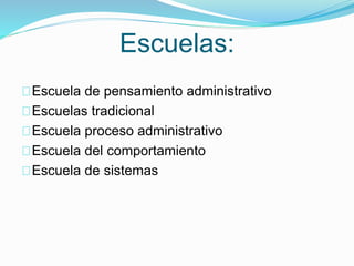 Escuelas: 
Escuela de pensamiento administrativo 
Escuelas tradicional 
Escuela proceso administrativo 
Escuela del comportamiento 
Escuela de sistemas 
 
