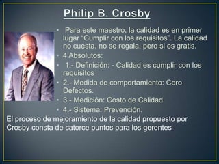 • Para este maestro, la calidad es en primer
                 lugar “Cumplir con los requisitos”. La calidad
                 no cuesta, no se regala, pero si es gratis.
               • 4 Absolutos:
               • 1.- Definición: - Calidad es cumplir con los
                 requisitos
               • 2.- Medida de comportamiento: Cero
                 Defectos.
               • 3.- Medición: Costo de Calidad
               • 4.- Sistema: Prevención.
El proceso de mejoramiento de la calidad propuesto por
Crosby consta de catorce puntos para los gerentes
 