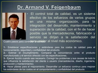 • El control total de calidad, es un sistema
                       efectivo de los esfuerzos de varios grupos
                       en una misma organización, para la
                       integración del desarrollo, mantenimiento y
                       superación de la calidad, con el fin de hacer
                       posible que la mercadotecnia, fabricación y
                       servicio se dirijan a la satisfacción del
Cuatro pasos para controlar la calidad: al nivel más económico.
                       consumidor
1.- Establecer especificaciones y estándares para los costos de calidad para el
funcionamiento, seguridad y confiabilidad del producto.
2.- Estimar el incumplimiento. Comparar la concordancia entre el producto
manufacturado y el servicio ofrecido con las especificaciones.
3.- Ejercer Acción cuando sea necesario. Corregir los problemas y sus causas de todo lo
que influencia la satisfacción del cliente o usuario (mercadotecnia, diseño, ingeniería,
producción y mantenimiento).
4.- Hacer planes para el mejoramiento. Desarrollar un esfuerzo continuo para mejorar
los estándares de los costos en el comportamiento y confiabilidad del producto.
 
