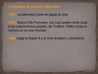 Cronología de hechos relevantes:

1947 La televisión pone en jaque al cine.

1959 Nueva Ola Francesa, con Les quatre cents coup
(Los cuatrocientos golpes), de Truffaut. Fellini inicia su
camino en el cine mundial.

1965 Llega el Super 8 y el cine amateur y doméstico.
 