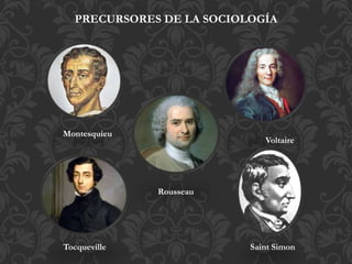 Rousseau
Voltaire
Tocqueville
Montesquieu
PRECURSORES DE LA SOCIOLOGÍA
Saint Simon
 