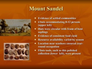 Mount Sandel Evidence of settled communities 4 huts accommodating 8-12 persons (upper left) Huts were circular with frame of bent saplings Evidence of consistent food yield Resource availability varied by season Location near seashore ensured year-round occupation Flints tools, such as this polished   collection (lower  left), were present 