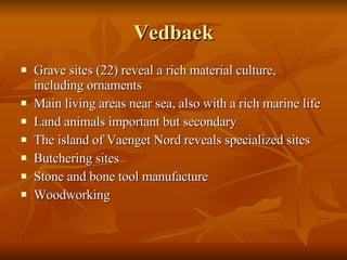 Vedbaek Grave sites (22) reveal a rich material culture, including ornaments Main living areas near sea, also with a rich marine life  Land animals important but secondary The island of Vaenget Nord reveals specialized sites Butchering sites Stone and bone tool manufacture Woodworking  