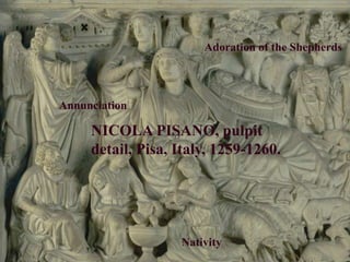 Adoration of the Shepherds AnnunciationNICOLA PISANO, pulpit detail, Pisa, Italy, 1259-1260. Nativity