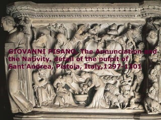 GIOVANNI PISANO, The Annunciation and the Nativity, detail of the pulpit of Sant'Andrea, Pistoia, Italy,1297-1301
