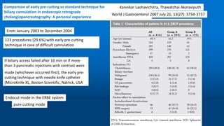 Comparison of early pre-cutting vs standard technique for
biliary cannulation in endoscopic retrograde
cholangiopancreatography: A personal experience
Kannikar Laohavichitra, Thawatchai Akaraviputh
World J Gastroenterol 2007 July 21; 13(27): 3734-3737
From January 2003 to December 2004
123 procedures (29.6%) with early pre-cutting
technique in case of difficult cannulation
If biliary access failed after 10 min or if more
than 3 pancreatic injections with contrast were
made (whichever occurred first), the early pre-
cutting technique with needle knife catheter
(MicroKnife XL, Boston Scientific, Natrick, USA
Endocut mode in the ERBE system
pure cutting mode
 