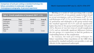 Comparison of early pre-cutting vs standard technique for
biliary cannulation in endoscopic retrograde
cholangiopancreatography: A personal experience
 