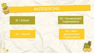 01 | School
02 | Church
04 | Non-
government
Organization
03 | Government
Organization