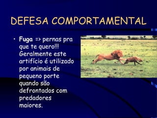 DEFESA COMPORTAMENTAL
• Fuga => pernas pra
que te quero!!!
Geralmente este
artifício é utilizado
por animais de
pequeno porte
quando são
defrontados com
predadores
maiores.
 