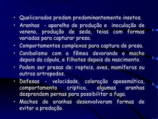 • Quelicerados predam predominantemente insetos.
• Aranhas - aparelho de produção e inoculação de
veneno, produção de seda, teias com formas
variadas para capturar presa.
• Comportamentos complexos para captura de presa.
• Canibalismo com a fêmea devorando o macho
depois da cópula, e filhotes depois do nascimento.
• Podem ser presas de: repteis, aves, mamíferos ou
outros artropodos.
• Defesas - velocidade, coloração aposemática,
comportamento criptico, algumas aranhas
desprendem pernas para possibilitar a fuga.
• Machos de aranhas desenvolveram formas de
evitar a predação.
 