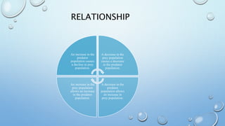 RELATIONSHIP
An increase in the
predator
population causes
a decline in prey
population.
A decrease in the
prey population
causes a decrease
in the predator
population.
A decrease in the
predator
population allows
an increase in
prey population.
An increase in the
prey population
allows an increase
in the predator
population.
 