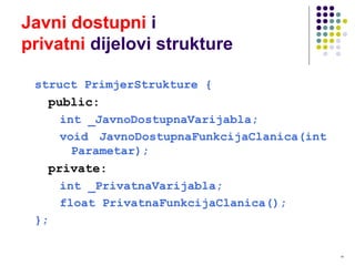 14
Javni dostupni i
privatni dijelovi strukture
struct PrimjerStrukture {
public:
int _JavnoDostupnaVarijabla;
void JavnoDostupnaFunkcijaClanica(int
Parametar);
private:
int _PrivatnaVarijabla;
float PrivatnaFunkcijaClanica();
};
 