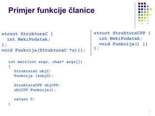 3
Primjer funkcije članice
int main(int argc, char* argv[])
{
StrukturaC objC;
Funkcija (&objC);
StrukturaCPP objCPP;
objCPP.Funkcija();
return 0;
}
struct StrukturaC {
int NekiPodatak;
};
void Funkcija(StrukturaC *s){};
struct StrukturaCPP {
int NekiPodatak;
void Funkcija() {}
};
 