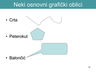 15
Neki osnovni grafički oblici
• Crta
• Peterokut
• Balončić
 