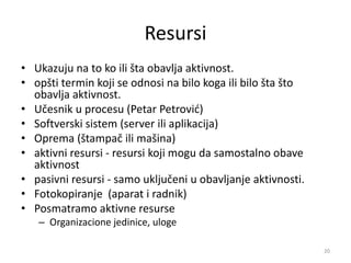 Resursi
• Ukazuju na to ko ili šta obavlja aktivnost.
• opšti termin koji se odnosi na bilo koga ili bilo šta što
obavlja aktivnost.
• Učesnik u procesu (Petar Petrović)
• Softverski sistem (server ili aplikacija)
• Oprema (štampač ili mašina)
• aktivni resursi - resursi koji mogu da samostalno obave
aktivnost
• pasivni resursi - samo uključeni u obavljanje aktivnosti.
• Fotokopiranje (aparat i radnik)
• Posmatramo aktivne resurse
– Organizacione jedinice, uloge
20
 