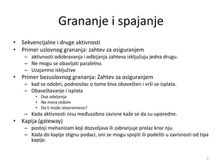Grananje i spajanje
• Sekvencijalne i druge aktivnosti
• Primer uslovnog grananja: zahtev za osiguranjem
– aktivnosti odobravanja i odbijanja zahteva isključuju jedna drugu.
– Ne mogu se obavljati paralelno.
– Uzajamno isključive
• Primer bezuslovnog grananja: Zahtev za osiguranjem
– kad se odobri, podnosilac o tome biva obavešten i vrši se isplata.
– Obaveštavanje i isplata
• Dva odeljenja
• Ne mora redom
• Da li može istovremeno?
– Kada aktivnosti nisu međusobno zavisne kaže se da su uporedne.
• Kapija (gateway)
– postoji mehanizam koji dozvoljava ili zabranjuje prolaz kroz nju.
– Kada do kapije stignu podaci, oni se mogu spojiti ili podeliti u zavisnosti od tipa
kapije.
6
 
