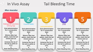 www.presentationgo.com
In Vivo Assay Tail Bleeding Time
Mus muculus
321
Dabigatran etexilate
(20mg/kg)
Oral administration
for 4 consecutive
days

90mins after last
admin, mark the tail
(5mm) and cut

Immerse the tip of
the tail in saline at
37°C.

Note bleeding time.
1st
concentration
54
2nd 3rd
Oral administration
for 4 consecutive
days

90mins after last
admin, mark the tail
(5mm) and cut

Immerse the tip of
the tail in saline at
37°C.

Note bleeding time.
Control (NSS)
Oral administration
for 4 consecutive
days

90mins after last
admin, mark the tail
(5mm) and cut

Immerse the tip of
the tail in saline at
37°C.

Note bleeding time.
Oral administration
for 4 consecutive
days

90mins after last
admin, mark the tail
(5mm) and cut

Immerse the tip of
the tail in saline at
37°C.

Note bleeding time.
Oral administration
for 4 consecutive
days

90mins after last
admin, mark the tail
(5mm) and cut

Immerse the tip of
the tail in saline at
37°C.

Note bleeding time.
 