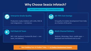 Why Choose Seasia Infotech?
Build AI Chatbot for Business | AI Chatbot Development
Enterprise-Grade Quality
Production-ready chatbots with LLMs, RAG &
real integrations — not demos.
60–70% Cost Savings
US-quality AI chatbot development from India
at a fraction of the price.
Full-Stack AI Team
NLP, LLM, backend, frontend & cloud — one
team, one delivery.
Multi-Channel Delivery
Website, WhatsApp, Slack, mobile apps —
deployed and monitored end-to-end.
🚀 Start Building Your AI Chatbot Today → AI Chatbot Development Experts
 