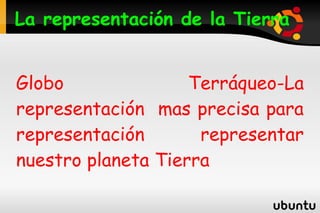 La representación de la Tierra


Globo               Terráqueo-La
representación mas precisa para
representación       representar
nuestro planeta Tierra
 
