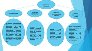El Derecho civil determina
las consecuencias
esenciales de los
principales hechos y
actos de la vida humana
(nacimiento, mayoría,
matrimonio) y la situación
jurídica del ser humano
en relación con sus
semejantes (capacidad
civil, deudas y créditos) o
en relación con las cosas
(propiedad, usufructo,
etc.
Conjunto de
normas jurídicas
que se aplican a los
actos de comercio
legalmente
calificados como
tales y a los
comerciantes en el
ejercicio de su
profesión.
Regula las
relaciones jurídicas,
pacíficas o
belicosas que
surjan entre los
distintos Estados
de la Comunidad
Internacional.
tiene como finalidad
dirimir conflictos de
jurisdicción
internacionales;
conflictos ley
aplicable y los
conflictos de
ejecución y
determinar la
condición jurídica de
los extranjeros.
DERECHO CIVIL
DERECHO
MERCANTIL
DERECHO
INTERNACIONAL
PUBLICO
Derecho
Internacional
Privado
DERECHO
PRIVADO
 