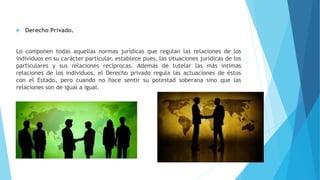  Derecho Privado.
Lo componen todas aquellas normas jurídicas que regulan las relaciones de los
individuos en su carácter particular, establece pues, las situaciones jurídicas de los
particulares y sus relaciones recíprocas. Además de tutelar las más íntimas
relaciones de los individuos, el Derecho privado regula las actuaciones de éstos
con el Estado, pero cuando no hace sentir su potestad soberana sino que las
relaciones son de igual a igual.
 