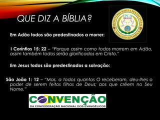 QUE DIZ A BÍBLIA?
Em Adão todos são predestinados a morrer:
I Coríntios 15: 22 – “Porque assim como todos morrem em Adão,
assim também todos serão glorificados em Cristo.”
Em Jesus todos são predestinados a salvação:
São João 1: 12 – “Mas, a todos quantos O receberam, deu-lhes o
poder de serem feitos filhos de Deus; aos que crêem no Seu
Nome.”
 