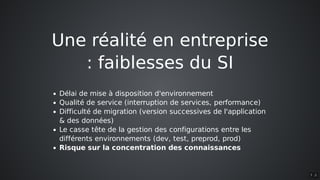Une	réalité	en	entreprise
:	faiblesses	du	SI
Délai	de	mise	à	disposition	d'environnement
Qualité	de	service	(interruption	de	services,	performance)
Difficulté	de	migration	(version	successives	de	l'application
&	des	données)
Le	casse	tête	de	la	gestion	des	configurations	entre	les
différents	environnements	(dev,	test,	preprod,	prod)
Risque	sur	la	concentration	des	connaissances
7 . 2
 