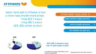 ‫פי‬ ‫על‬‫מטאנליזה‬‫מ‬2007‫המעבר‬ ‫שיעור‬
‫כ‬ ‫הוערך‬ ‫בשנה‬ ‫לסוכרת‬ ‫סוכרת‬ ‫מטרום‬:
4-6%‫ל‬IGT‫מבודד‬
6-9%‫ל‬IFG‫מבודד‬
15-19%‫לשילוב‬IGT+IFG
‫לפתח‬ ‫מוגבר‬ ‫סיכון‬‫סוכרת‬
‫גורם‬‫לתחלואה‬ ‫עצמאי‬ ‫סיכון‬‫משנית‬
‫הריונית‬ ‫לסוכרת‬ ‫סיכון‬ ‫גורם‬
‫ניתן‬‫התוצאות‬ ‫את‬ ‫לעכב‬‫הנל‬
‫סוכרת‬
46%
IGT
30%
‫תקין‬
24%
IGT
‫סוכרת‬
38%
IGT
17%
‫תקין‬
38%
IFG
7%
IFG
‫מ‬ ‫התקדמות‬ ‫שיעור‬IGF‫ו‬IGT
‫למשך‬ ‫במעקב‬ ‫לסוכרת‬11‫שנה‬:
Pre diabetes symposium ADA+AACE annual
scientific meeting 2004
Diabetes Res Clin Pract 2007;78:305-12
 