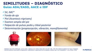 - Diabetes Care 2017;40(Suppl. 1):S1–S132, Garber et al. Endocr Pract 2017;23:207-238, IDF 2012 Global Guideline for Type 2 Diabetes.
- Guía de práctica clínica para el diagnóstico, tratamiento y seguimiento de la diabetes mellitus tipo 2 en la población > de 18 años. 2016
SIMILITUDES – DIAGNÓSTICO
Guías ADA/EASD, AACE e IDF
SV, IMC*
Fondo de ojo
Piel (Acantosis nigricans)
Examen amplio del pie
Palpación de pulsos pedio y tibial posterior
Determinación (propiocepción, vibración, monofilamento)
 