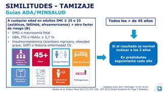 SIMILITUDES - TAMIZAJE
Guías ADA/MINSALUD
- Diabetes Care 2017;40(Suppl. 1):S1–S132,
- Garber et al. Endocr Pract 2017;23:207-238, IDF 2012 Global Guideline for Type 2 Diabetes.
Todos los > de 45 años
Si el resultado es normal
evaluar a los 3 años
En prediabetes
seguimiento cada año
A cualquier edad en adultos IMC ≥ 25 o 23
(asiáticos, latinos, afroamericanos) + otro factor
de riesgo (B)
• DMG o macrosomía fetal
• GBA, ITG o HbA1c ≥ 5,7 %
• Insulinorresistencia (acantosis nigricans, obesidad
grave, SOP) o Historia enfermedad CV
 