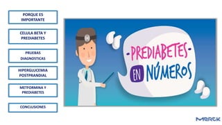 PORQUE ES
IMPORTANTE
PRUEBAS
DIAGNOSTICAS
CELULA BETA Y
PREDIABETES
HIPERGLUCEMIA
POSTPRANDIAL
METFORMINA Y
PREDIABETES
CONCLUSIONES
 