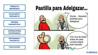 PORQUE ES
IMPORTANTE
CELULA BETA Y
PREDIABETES
PRUEBAS
DIAGNOSTICAS
HIPERGLUCEMIA
POSTPRANDIAL
METFORMINA Y
PREDIABETES
CONCLUSIONES
 