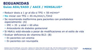 - Diabetes Care 2017;40(Suppl. 1):S1–S132, Garber et al. Endocr Pract 2017;23:207-238, IDF 2012 Global Guideline for Type 2 Diabetes.
- Guía de práctica clínica para el diagnóstico, tratamiento y seguimiento de la diabetes mellitus tipo 2 en la población > de 18 años. 2016
BIGUANIDAS
Guías ADA/EASD / AACE / MINSALUD*
Reducir dosis a 1 gr al día si TFG < 50 ml/min*
No iniciar con TFG < 45 mL/min/1,73m2
Se recomienda metformina para pacientes con prediabetes
especialmente: (A)
 IMC > 35 y edad < 60 años
 Antecedente de diabetes gestacional
Si HbA1c está elevada a pesar de modificaciones en el estilo de vida
Evaluar deficiencia de vitamina B12: (B)
 En pacientes con anemia
 En pacientes con neuropatía
 