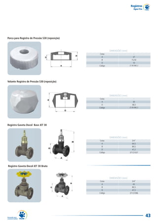 Registro Gaveta Docol JET 30 Bruto
DIMENSÕES (mm)
3/4"
62
80,5
47,5
37121096
Cotas
A
B
D
Código
Registros
Água Fria
43
Porca para Registro de Pressão S30 (reposição)
DIMENSÕES (mm)
-
37
15,50
10
27.95.982.2
Cotas
A
B
D
Código
Registro Gaveta Docol Base JET 30
DIMENSÕES (mm)
3/4"
64,5
89,5
47,2
37121037
Cotas
A
B
D
Código
Volante Registro de Pressão S30 (reposição)
DIMENSÕES (mm)
-
30
38,5
27.95.982.2
Cotas
A
D
Código
 