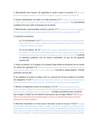 1. Aprendiendo hacer favores. No negándole la ayuda a quien la necesita. V 1 “Si vieres
extraviado el buey de tu hermano, o su cordero, no le negarás tu ayuda; lo volverás a tu hermano.”
2. Siendo colaboradores con todos y en todo momento. V 4 “Si vieres el asno de tu hermano, o
su buey, caído en el camino, no te apartarás de él; le ayudarás a levantarlo.” la insensibilidad
ciudadana hace que nadie se preocupe por los demás.
3. Manteniendo su personalidad, carácter y esencia. V 5 “No vestirá la mujer traje de hombre, ni
el hombre vestirá ropa de mujer; porque abominación es a Jehová tu Dios cualquiera que esto hace”
4. Cuidando la naturaleza.
4.1. En los Animales. V 6-7 “Cuando encuentres por el camino algún nido de ave en cualquier
árbol,o sobrela tierra,con pollos o huevos, y la madre echada sobre los pollos o sobre los huevos,
no tomarás la madre con los hijos”
4.2. En las plantas. 20: 19 “Cuando sities a alguna ciudad, peleando contra ella muchos días
para tomarla, no destruirás sus árboles metiendo hacha en ellos, porque de ellos podrás comer; y
no los talarás,porqueel árbol del campo no es hombre para venir contra ti en el sitio.” cuidando
la naturaleza podemos vivir de manera confortable. Ya que de ella depende
nuestra vida.
5. Prever accidentes. En tu trabajo o en cualquier lugar donde te encuentres ten en cuenta
las normas de seguridad. V 8 “Cuando edifiques casa nueva, harás pretil a tu terrado, para que no
eches culpa de sangre sobre tu casa, si de él cayere alguno” recuerda el adagio popular: “hombre
prevenido vale por dos”
6. Se cuidadoso al realizar tu trabajo. Dios te a provisto de un buen trabajo no lo pierdas
por negligente. V 9-10 “No sembrarás tu viña con semillas diversas, no sea que se pierda todo, tanto la
semilla que sembraste como el fruto de la viña. 22:10 No ararás con buey y con asno juntamente.”
7. Manten tu integridad al tratar con los demás. V 13-19 “Cuando alguno tomare mujer, y
después de haberse llegado a ella la aborreciere, 22:14 y leatribuyere faltas queden que hablar,y dijere: A
esta mujer tomé, y me llegué a ella,y no la hallévirgen…”no hagas a los demás lo que no quieres
que te hagan. O mejor haz a los demás lo que quieres que te hagan. Mateo 7: 12 “Así que,
todas las cosasquequeráis que los hombres hagan con vosotros,así también haced vosotros con ellos;
porque esto es la ley y los profetas.”
8. Mantente intachable en el trato sexual. No tomes lo que no es tuyo. V 23-26 “Si hubiere
una muchacha virgen desposada con alguno, y alguno la hallare en la ciudad, y se acostare con ella;
22:24 entonces los sacaréis a ambos a la puerta de la ciudad, y los apedrearéis, y morirán; la joven porque
no dio voces en la ciudad, y el hombre porque humilló a la mujer de su prójimo; así quitarás el mal de en
medio de ti. 22:25 Mas si un hombre hallare en el campo a la joven desposada, y la forzare aquel hombre,
 