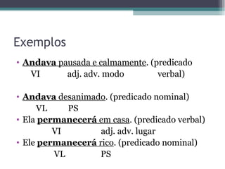 Exemplos
• Andava pausada e calmamente. (predicado
VI adj. adv. modo verbal)
• Andava desanimado. (predicado nominal)
VL PS
• Ela permanecerá em casa. (predicado verbal)
VI adj. adv. lugar
• Ele permanecerá rico. (predicado nominal)
VL PS
 