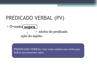 PREDICADO VERBAL (PV)
• O vento .
núcleo do predicado
ação do sujeito
sopra.
PREDICADO VERBAL: tem como núcleo um verbo que
indica um processo, ação.
 