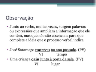 Observação
• Junto ao verbo, muitas vezes, surgem palavras
ou expressões que ampliam a informação que ele
contém, mas que não são essenciais para que
complete a ideia que o processo verbal indica.
• José Saramago morreu no ano passado. (PV)
VI tempo
• Uma criança caiu junto à porta da sala. (PV)
VI lugar
 