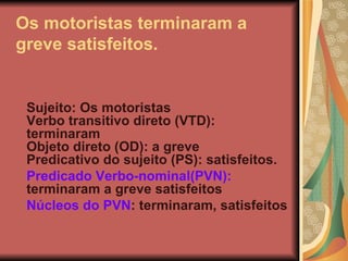 Os motoristas terminaram a greve satisfeitos. Sujeito: Os motoristas Verbo transitivo direto (VTD): terminaram Objeto direto (OD): a greve Predicativo do sujeito (PS): satisfeitos. Predicado Verbo-nominal(PVN):  terminaram a greve satisfeitos   Núcleos do PVN : terminaram, satisfeitos 