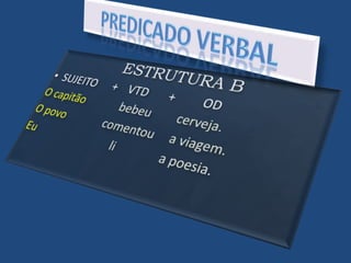 PREDICADO VERBALESTRUTURA BSUJEITO	    +	VTD       +         ODO capitão		bebeu	cerveja.O povo	       comentou     a viagem.Eu			  li		a poesia.