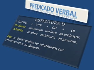 PREDICADO VERBALESTRUTURA DSUJEITO	    +	VTDI       +     OD      +        OI Os alunos     ofereceram   um livro   ao professor.   A família       recebeu    assistência   do governo.Obs: os objetos podem ser substituídos por pronomes retos ou oblíquos.