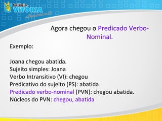 Agora chegou o Predicado Verbo-
Nominal.
Exemplo:
Joana chegou abatida.
Sujeito simples: Joana
Verbo Intransitivo (VI): chegou
Predicativo do sujeito (PS): abatida
Predicado verbo-nominal (PVN): chegou abatida.
Núcleos do PVN: chegou, abatida
 