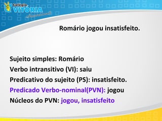Romário jogou insatisfeito.
Sujeito simples: Romário
Verbo intransitivo (VI): saiu
Predicativo do sujeito (PS): insatisfeito.
Predicado Verbo-nominal(PVN): jogou
Núcleos do PVN: jogou, insatisfeito
 