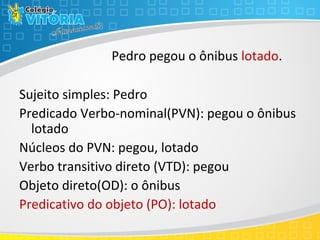 Pedro pegou o ônibus lotado.
Sujeito simples: Pedro
Predicado Verbo-nominal(PVN): pegou o ônibus
lotado
Núcleos do PVN: pegou, lotado
Verbo transitivo direto (VTD): pegou
Objeto direto(OD): o ônibus
Predicativo do objeto (PO): lotado
 