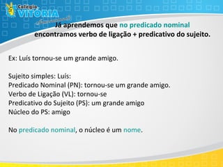 Já aprendemos que no predicado nominal
encontramos verbo de ligação + predicativo do sujeito.
Ex: Luís tornou-se um grande amigo.
Sujeito simples: Luís:
Predicado Nominal (PN): tornou-se um grande amigo.
Verbo de Ligação (VL): tornou-se
Predicativo do Sujeito (PS): um grande amigo
Núcleo do PS: amigo
No predicado nominal, o núcleo é um nome.
 