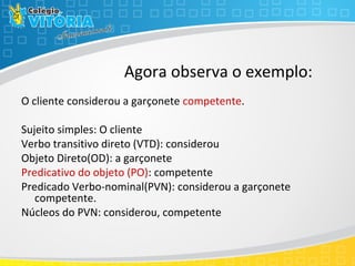 Agora observa o exemplo:
O cliente considerou a garçonete competente.
Sujeito simples: O cliente
Verbo transitivo direto (VTD): considerou
Objeto Direto(OD): a garçonete
Predicativo do objeto (PO): competente
Predicado Verbo-nominal(PVN): considerou a garçonete
competente.
Núcleos do PVN: considerou, competente
 